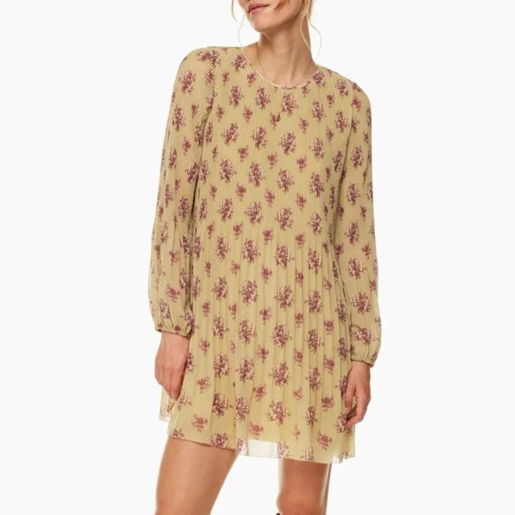 Aritzia Wilfred Daydreamer Mini Dress Pleated Chiffon Sandy Bge/Spc Burgundy XL - Picture 1 of 13